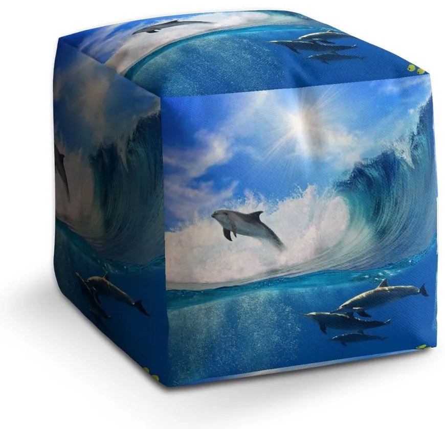 Taburet Cube delfíny vo vlnách, modrá
