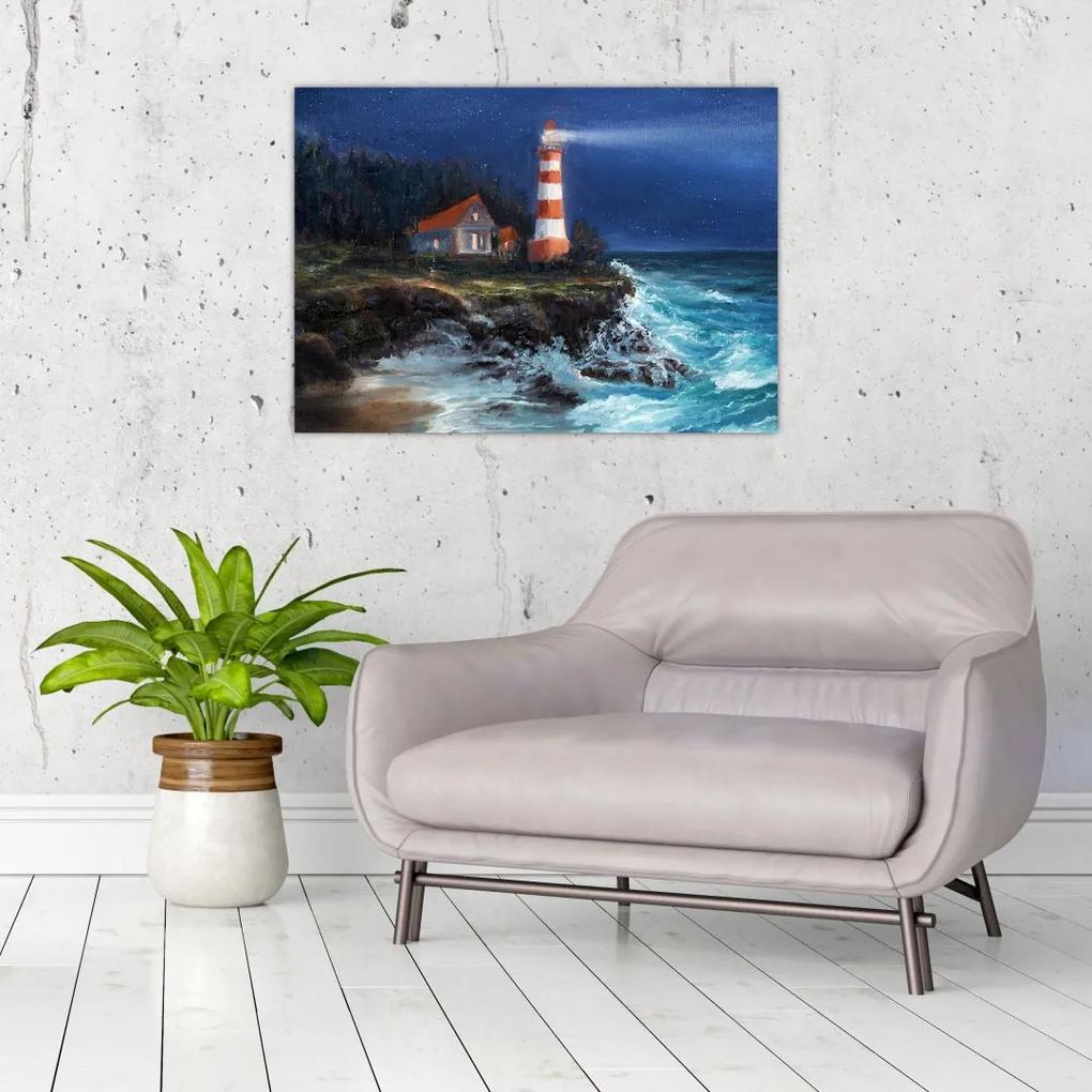 Sklenený obraz - Maják na brehu oceánu, aquarel (70x50 cm)