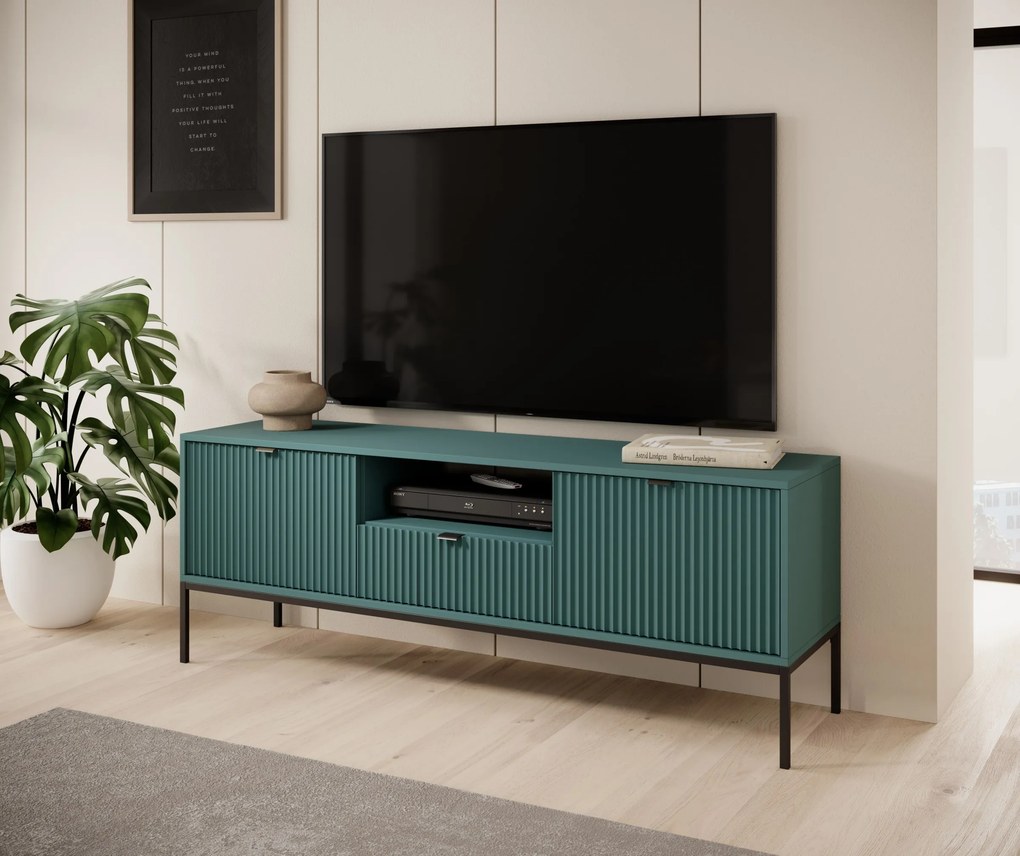 Televízny stolík Nova 154 cm zelený/čierny rám a čierne úchytky