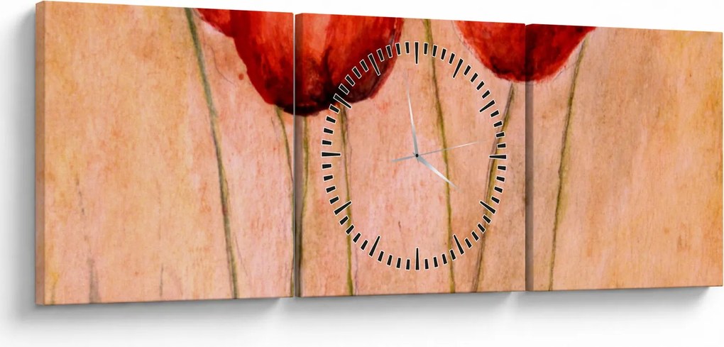 Obraz - Červené tulipány (s hodinami) (90x30 cm)