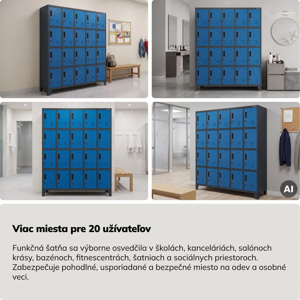 Skrinka s 20 priehradkami na nožičkách, antracitovo-modrej, 1360x1720x450 mm: ROBERT