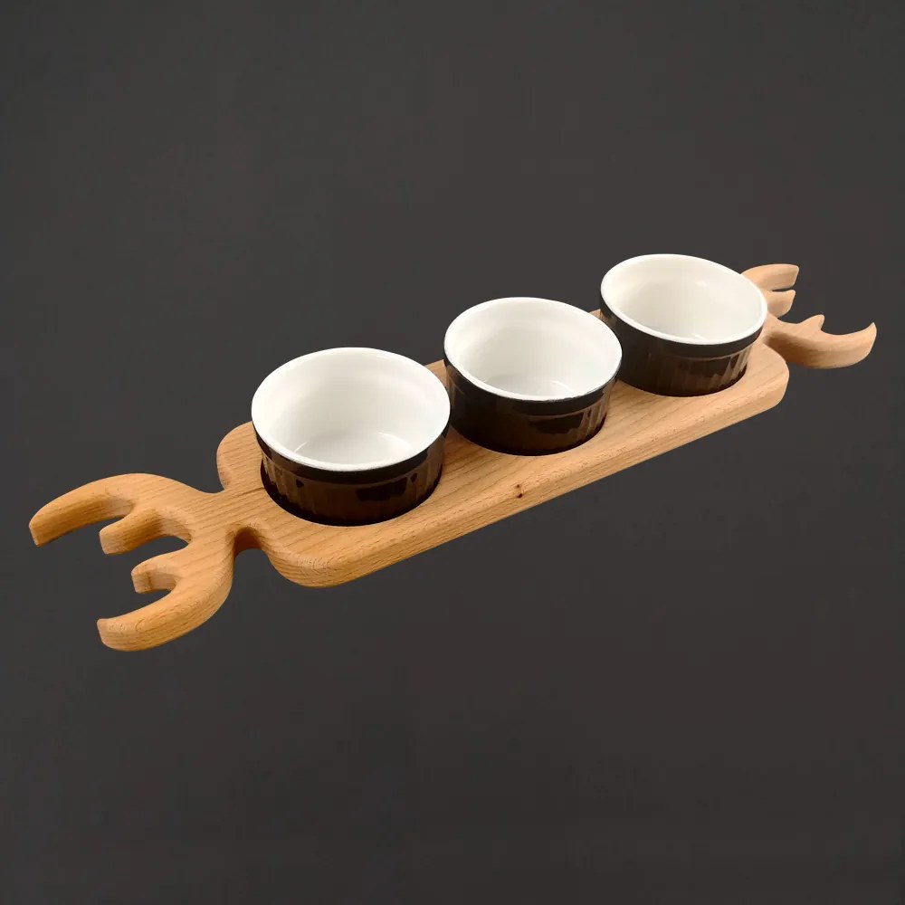 AMADEA Doštička - podnos s keramickými mištičkami, masívne drevo, rozmer 48 x 11 cm, český výrobok