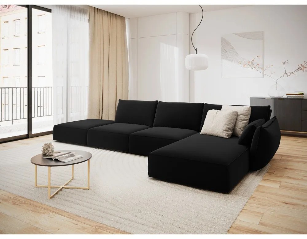 Čierna zamatová rohová pohovka (pravý roh/s leňoškou) Vanda – Mazzini Sofas
