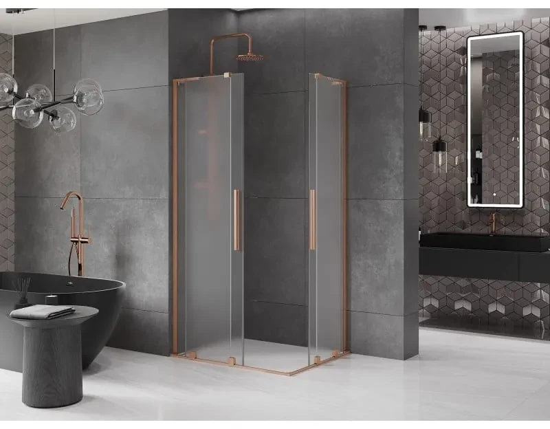 Mexen Velar L Duo, sprchový kút s posuvnými dverami 100 x 90 cm, 8mm sklo námraza, medená matná, 871-100-090-02-33-65