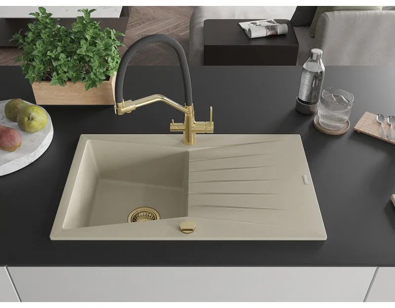 Mexen Cesar, 1-komorový granitový drez 775x470x190 mm a drezová batéria Duo, béžová, 6514-69-671701-57-G