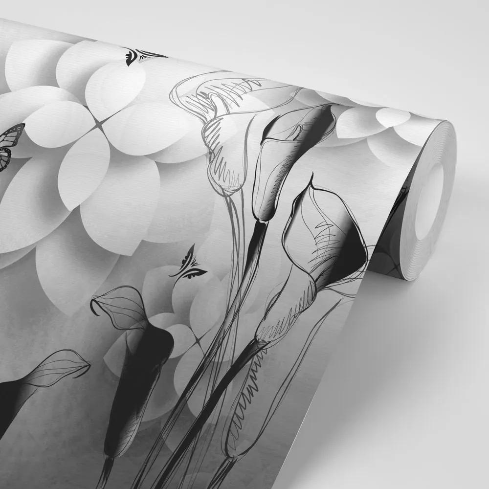 Samolepiaca tapeta čiernobiele abstraktné kvety - 150x100