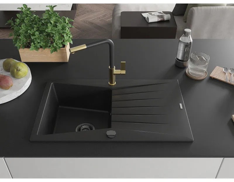 Mexen Cesar, 1-komorový granitový drez 775x470x190 mm a drezová batéria Flora, čierna, 6514-77-670401-57-B