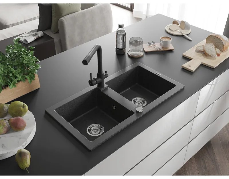 Mexen Mario, 2-komorový granitový drez 820x436x161 mm a čierna škvrnitá drezová batéria Duero, čierna škvrnitá, 6504-76-671600-76