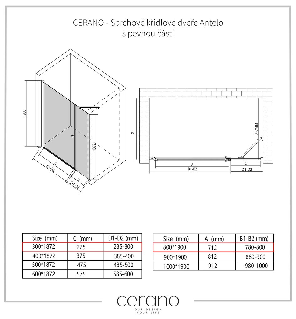 Cerano Antelo, 1-krídlové sprchové dvere s pevnou časťou 80(dvere) x 30(stena) x 190 cm, 6mm číre sklo, čierny profil, CER-CER-435698