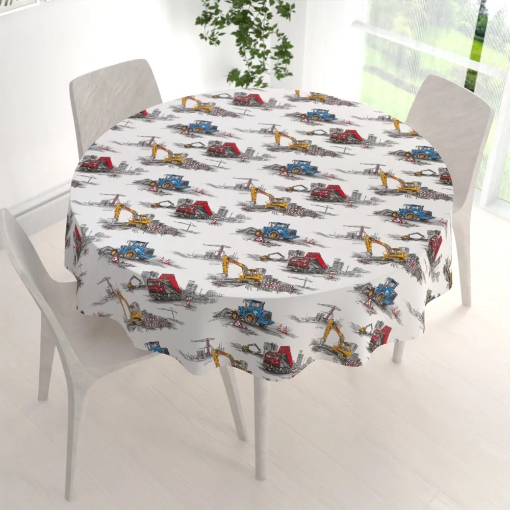 Biante Detský bavlnený okrúhly obrus Sandra SA-578 Nákladiaky a bagre na bielom Ø 70 cm