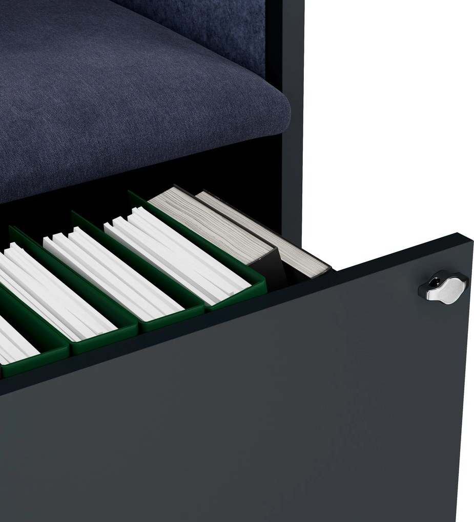 Kancelárska akustická kabína so sedadlom a portom USB-C, telo v antracitovej farbe / sedadlo v tmavomodrá farbe, 600 mm: SALLY MentalBox