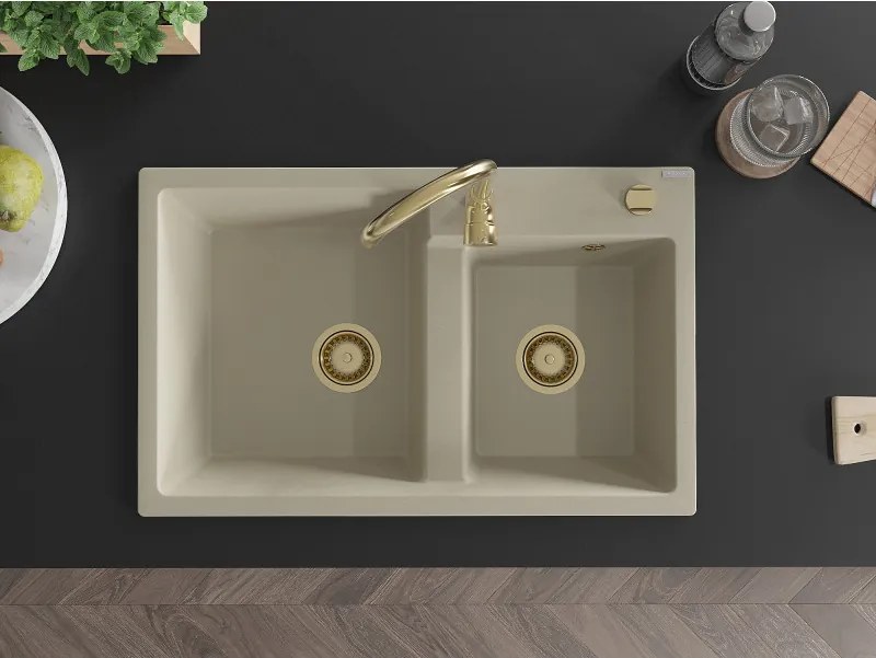 Mexen Tomas, granitový drez 800x500x190 mm, 2-komorový, béžová so zlatým sifónom, 6516802000-69-G