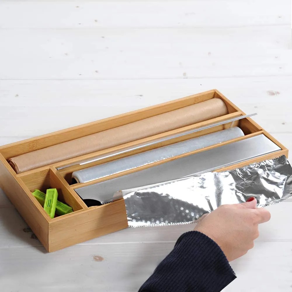 Kesper Rezačka a držiak na alobal, fóliu, papier na pečenie – bambusový, 4 priehradky