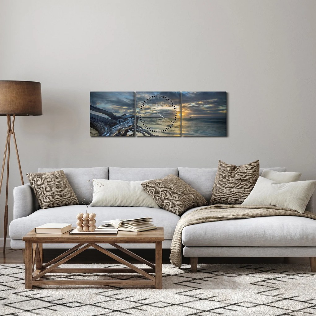 Obraz mora pri západe slnka (s hodinami) (90x30 cm)