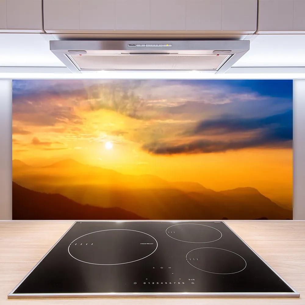 Sklenený obklad Do kuchyne Hory slnko mraky príroda 120x60 cm