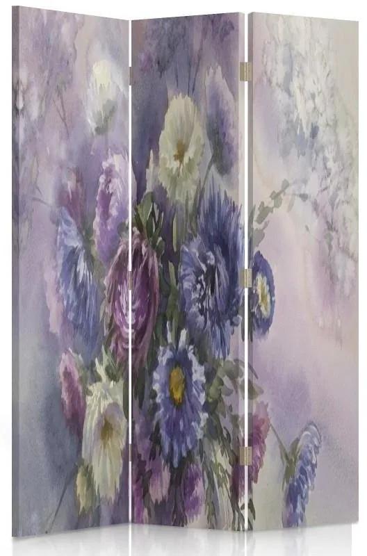 Ozdobný paraván, Fialová kytice květin - 110x170 cm, trojdielny, obojstranný paraván 360°