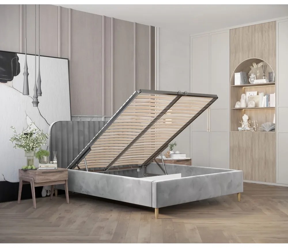 Sivá čalúnená jednolôžková posteľ s úložným priestorom s roštom 120x200 cm Noto – Maison de Rêve