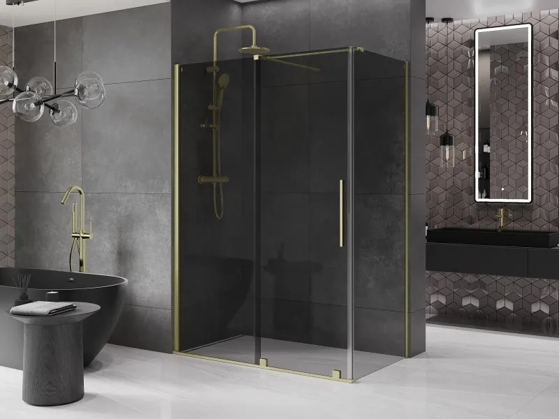 Mexen Velar, sprchový kút s posuvnými dverami 160 x 85 cm, 8mm šedé sklo, zlatá matná, 871-160-085-41-55