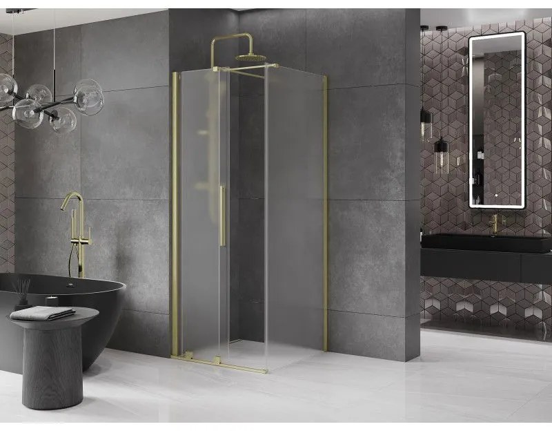 Mexen Velar, sprchový kút s posuvnými dverami 120 x 120 cm, 8mm sklo námraza, zlatá matná, 871-120-120-31-55