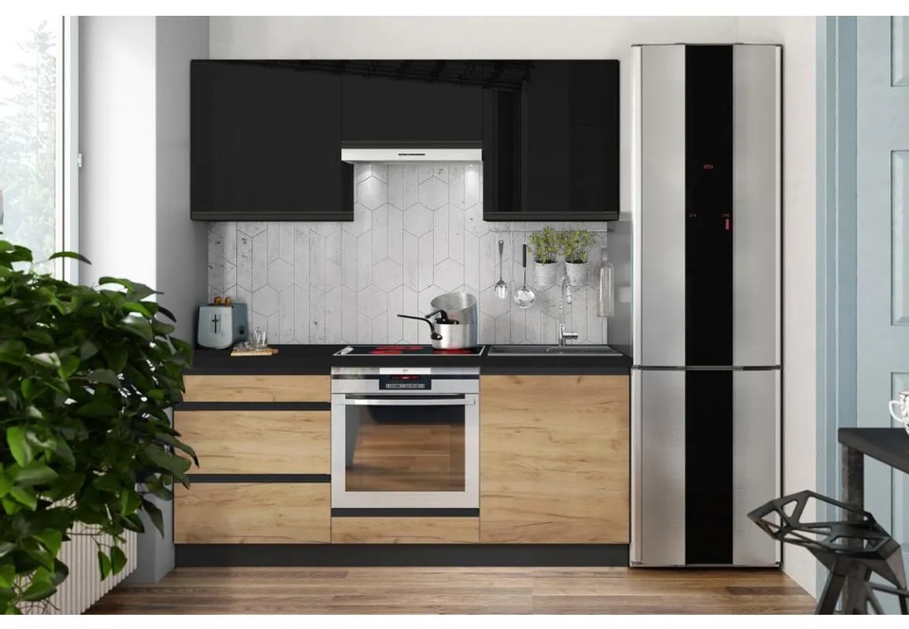 Kuchynská linka MARINA 180 cm dub craft/lesklá čierna
