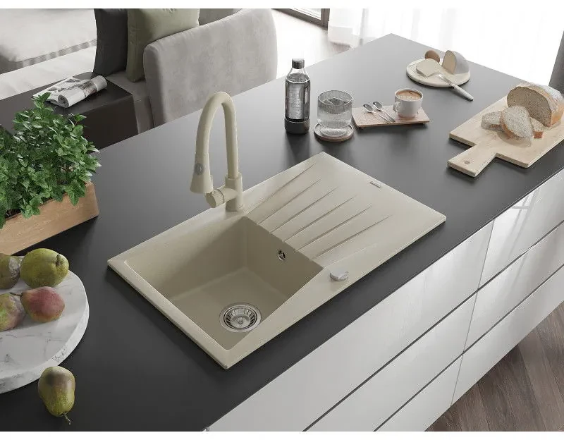 Mexen Cesar, 1-komorový granitový drez 775x470x190 mm a drezová batéria Elia, béžová, 6514-69-670101-69