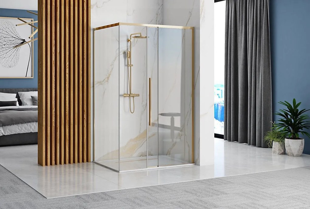 Štvorcový sprchovací kút REA SOLAR 90x90 cm, zlatý/transparent + vanička Savoy biela