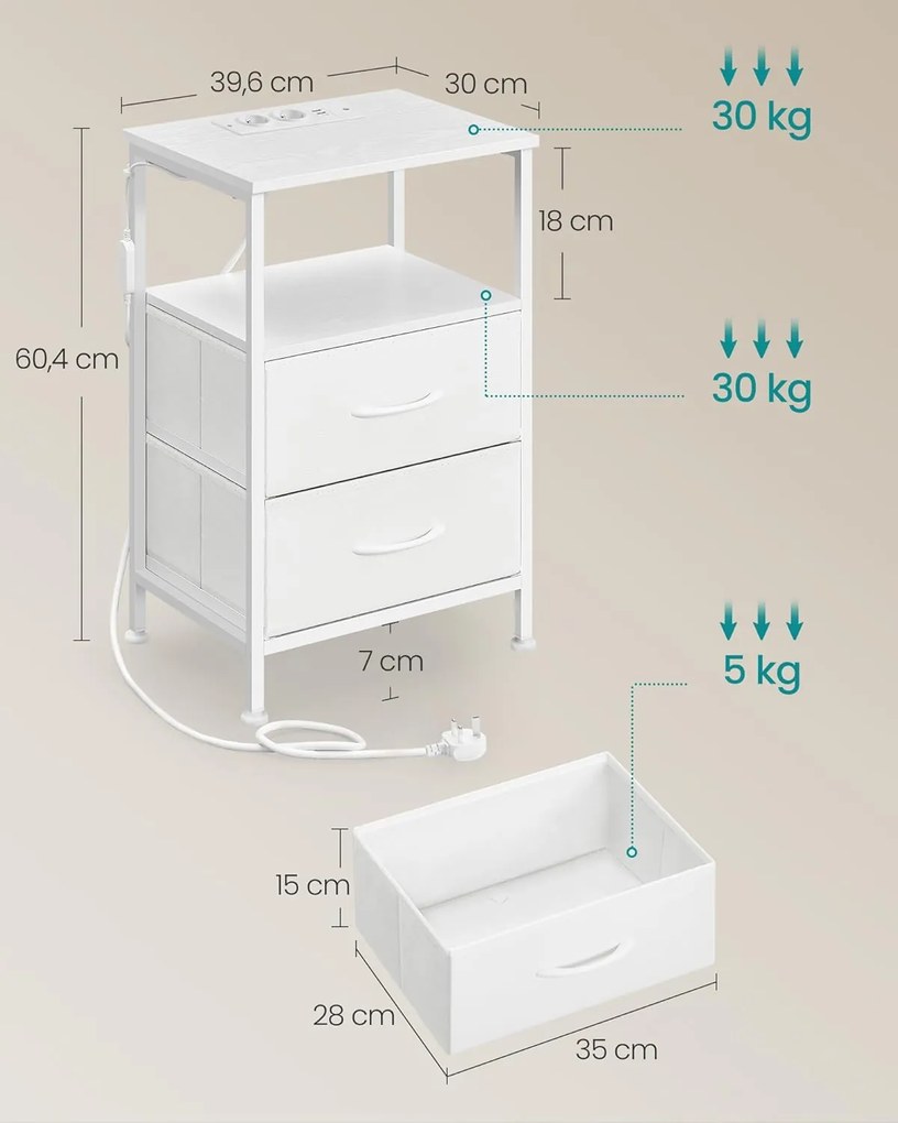SONGMICS nočný stolík s nabíjacou stanicou, nastaviteľným LED osvetlením, snehobiely