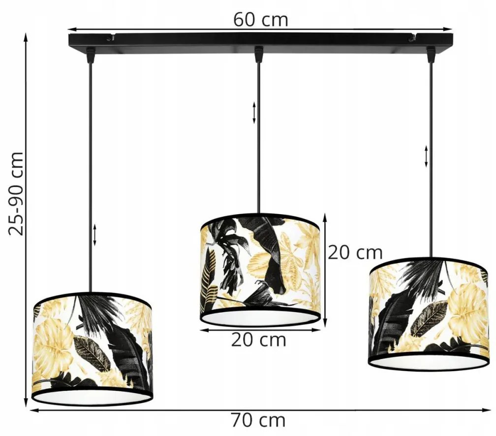 Závesné svietidlo Gold Flowers, 3x biele textilné tienidlo s kvetinovým vzorom, (výber z 2 farieb konštrukcie)