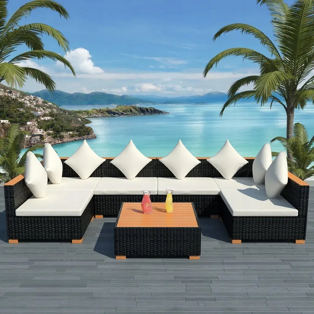 vidaXL 7-dielna záhradná sedacia súprava+podložky, polyratan, čierna