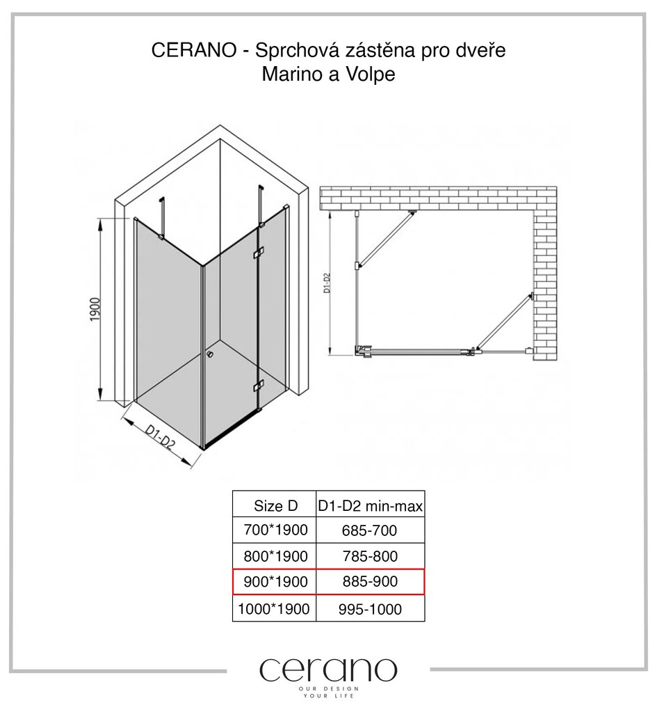CERANO Cerano, pevná sprchová zástena pre dvere Marino a Volpe 90x190 cm, 6mm číre sklo, čierny profil, CER-CER-420270