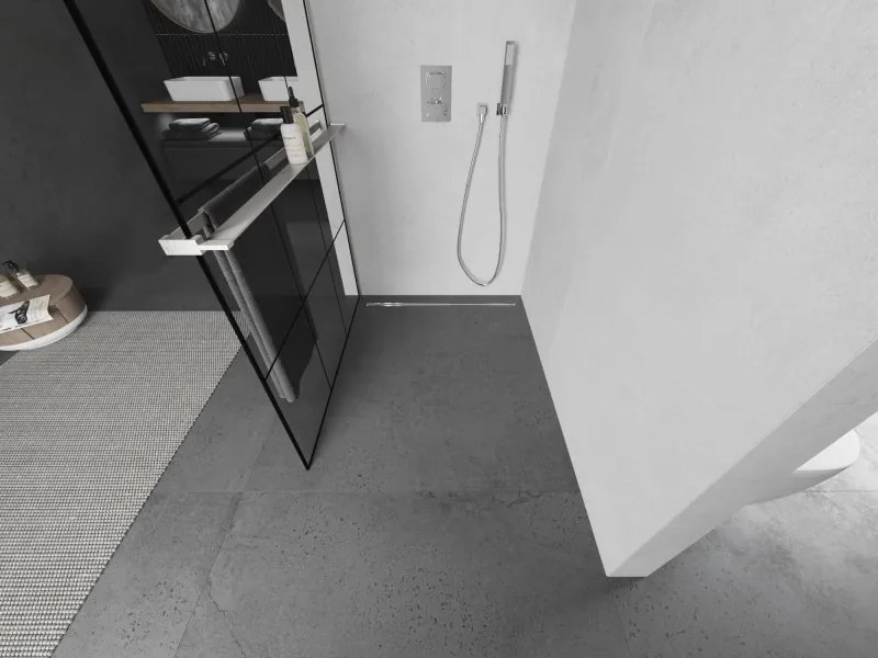 Mexen Kioto+ L, sprchová zástena Walk-In s poličkou a vešiakom 120 x 200 cm, 8mm číre sklo čierny vzor, brúsená oceľ profil, 800-120-123-97-77