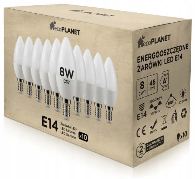 ecoPLANET 10x LED žiarovka E14 sviečka 8W 700lm - studená biela