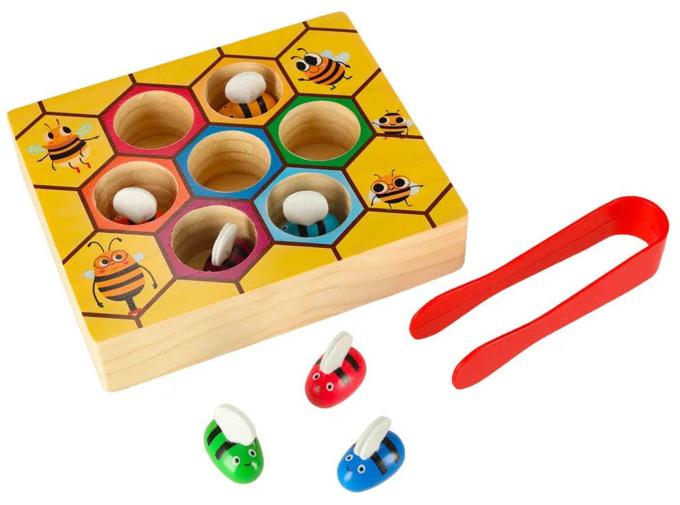 KIK Montessori drevená vzdelávacia hra Včely – farebné včielky na rozvoj motoriky