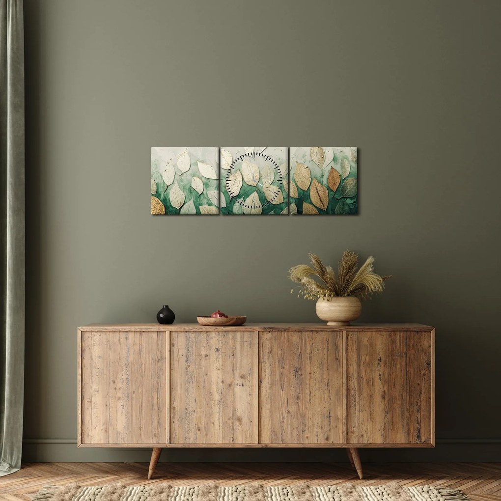 Obraz - Zlato-zelené listy (s hodinami) (90x30 cm)