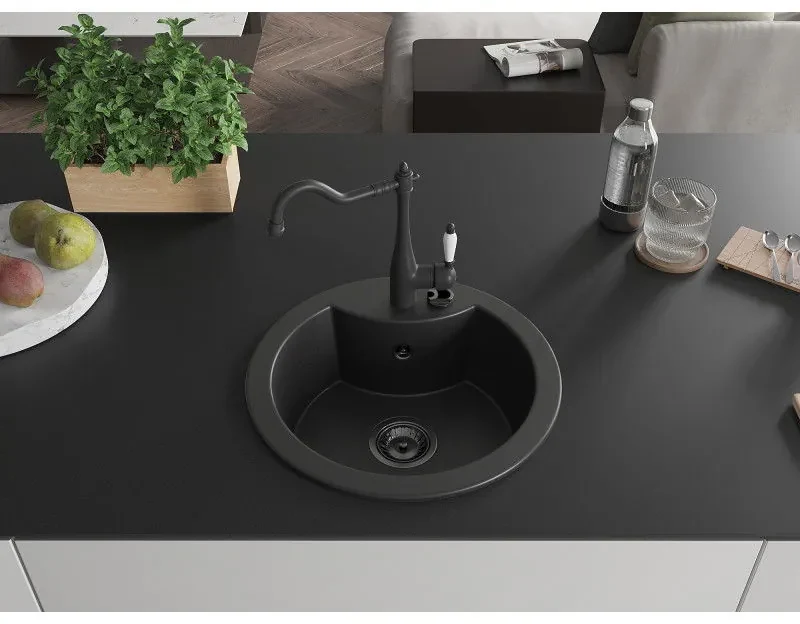 Mexen Diego, granitový drez 488x488x167 mm, 1-komorový a drezová batéria Carla, čierna, 6512-77-670700-70-B