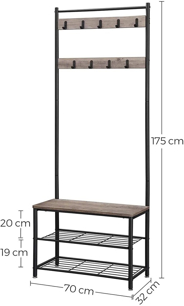 VASAGLE Predsieňový vešiak s botníkom šedej drevo 70 x 175 x 32 cm