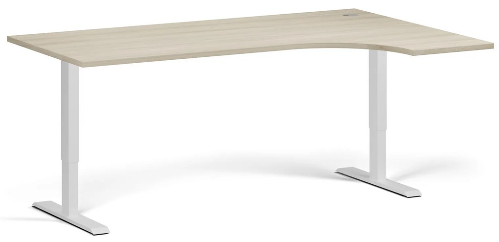 Rohový výškovo nastaviteľný stôl, 180x120 cm, 1 motor, L/P, biela podnož, dub prírodný
