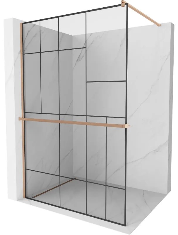 Mexen Kioto+, sprchová zástena Walk-In s poličkou a vešiakom 130 x 200 cm, 8mm číre sklo čierny vzor, medený matný profil, 800-130-121-65-78