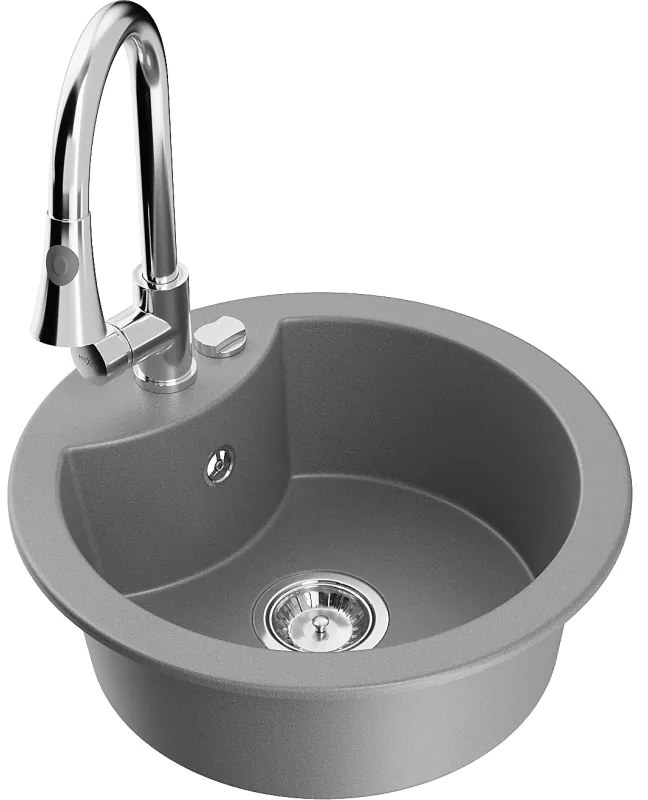 Mexen Diego, 1-komorový granitový drez 488x488x167 mm a drezová batéria Elia, šedá, 6512-71-670101-00