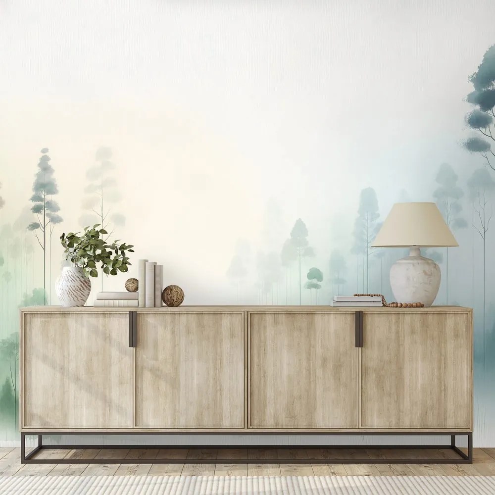 Fototapeta hmlistý les v pastelových tónoch