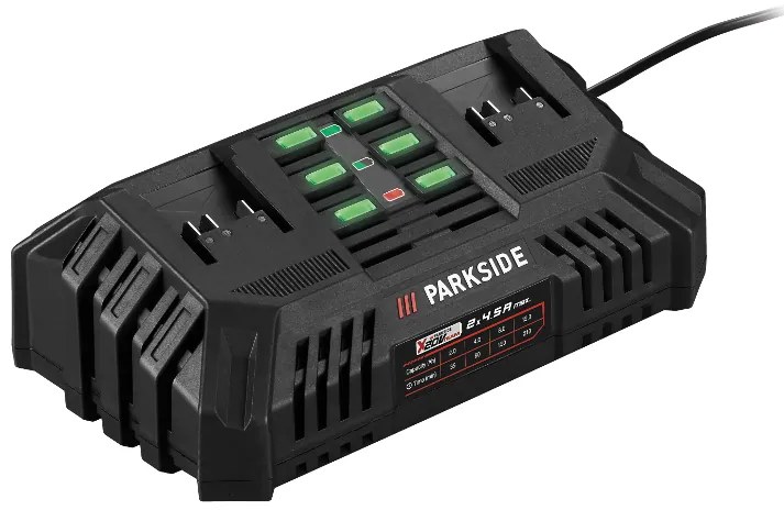 Parkside® Aku reťazová píla Ppksa + Dvojitá nabíjačka na akumulátor + Rýchlonabíjačka akumulátora 20 V/4,5 A + Akumulátor 20 V/4Ah (800011510)