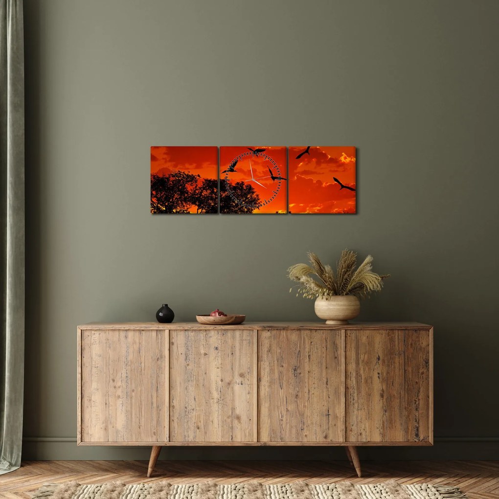 Obraz vtákov pri západe slnka (s hodinami) (90x30 cm)
