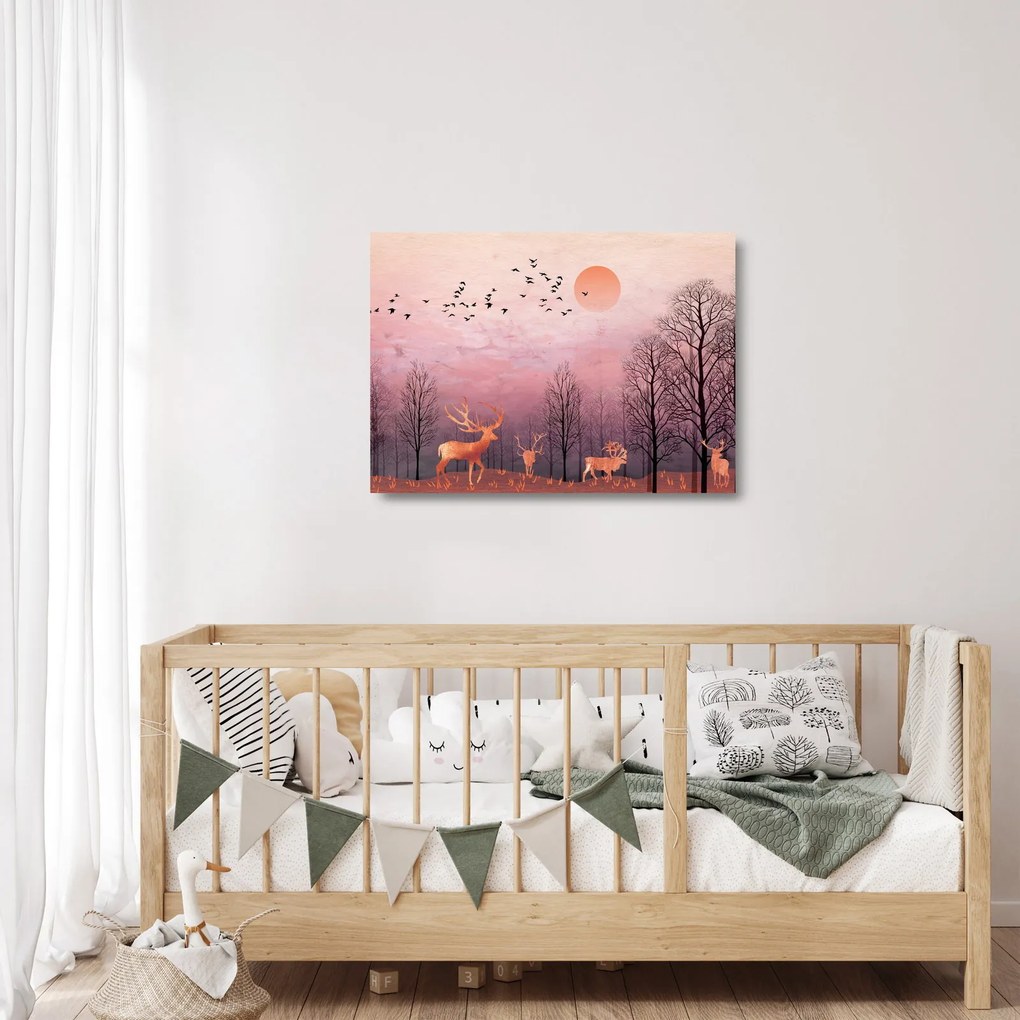 Sklenený obraz - Jelene v žiare zapadajúceho slnka (70x50 cm)