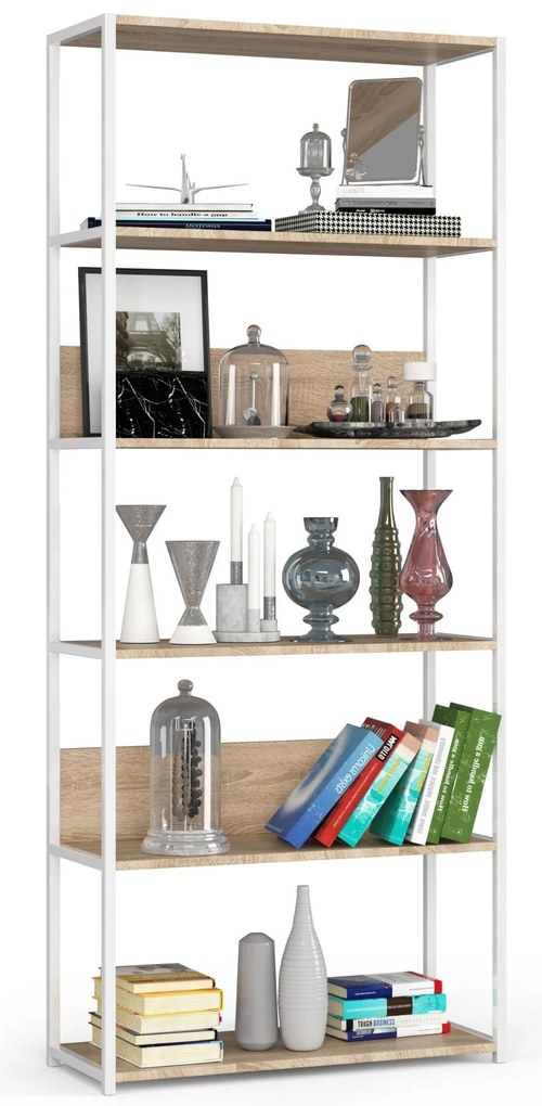 Knižnica Loft s kovovým rámom 80 cm biela/dub sonoma