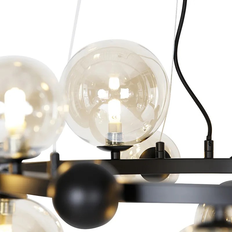 Art Deco závesné svietidlo čierne s jantárovým sklom 12-žiarovkové - David