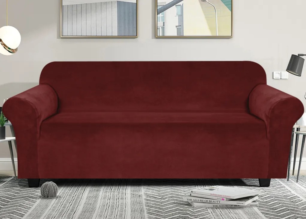 Elastický plyšový poťah na trojmiestnu pohovku BestBerg / vínová