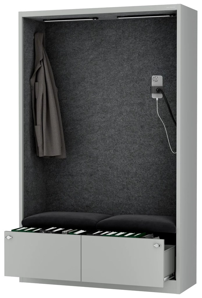 Kancelárska akustická kabína so sedadlom a portom USB-C, telo v sivý / sedák tmavosivá v zelenej farbe, 1150 mm: SALLY MentalBox
