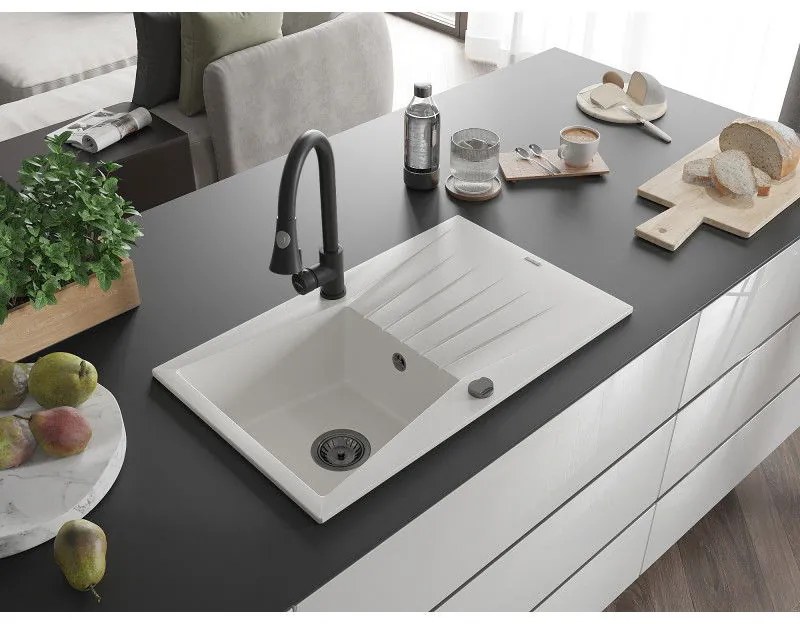 Mexen Cesar, 1-komorový granitový drez 775x470x190 mm a drezová batéria Elia, biela, 6514-20-670101-70