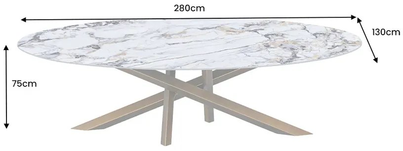 Jedálenský stôl SCULPTURE 280 cm oválny bronzový rám s keramickou doskou, viacfarebný mramorový vzhľad