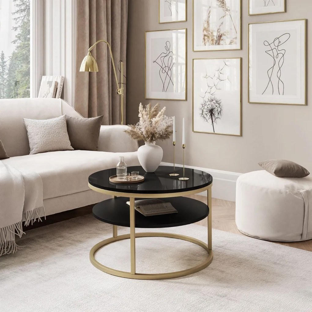 KONFERENČNÝ STOLÍK LEONARDO S POLICOU ČIERNY LESK + ZLATÝ